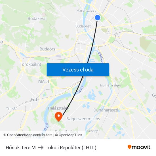 Hősök Tere M to Tököli Repülőtér (LHTL) map