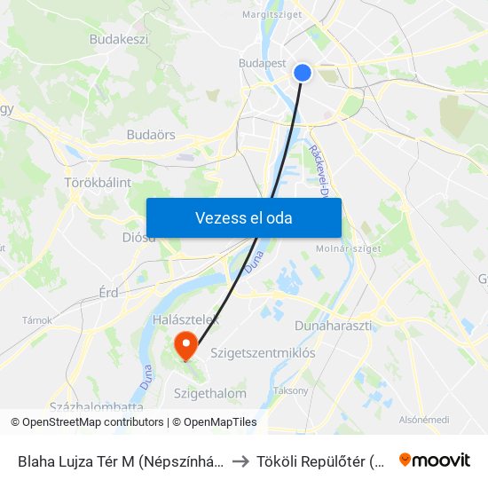 Blaha Lujza Tér M (Népszínház Utca) to Tököli Repülőtér (LHTL) map