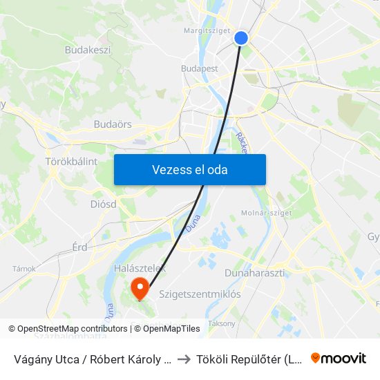 Vágány Utca / Róbert Károly Körút to Tököli Repülőtér (LHTL) map