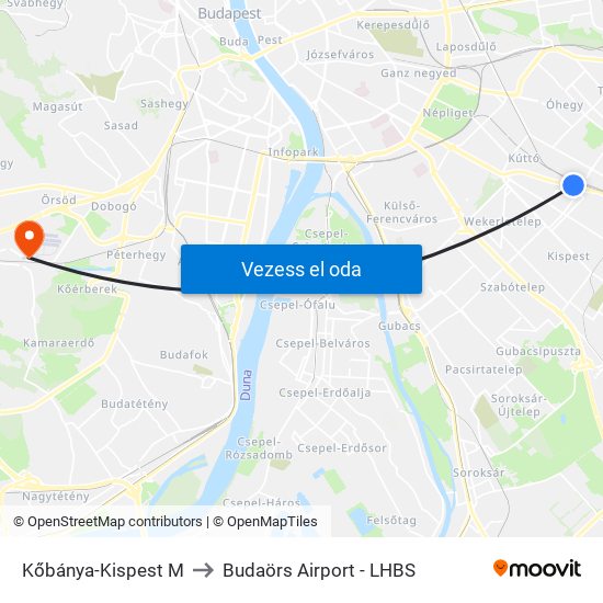 Kőbánya-Kispest M to Budaörs Airport - LHBS map