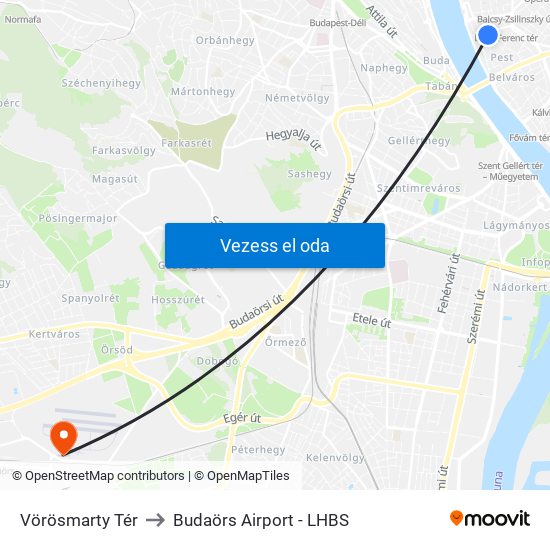 Vörösmarty Tér to Budaörs Airport - LHBS map