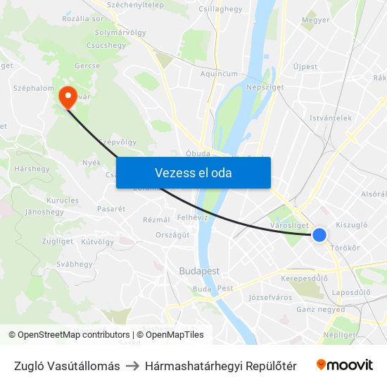 Zugló Vasútállomás to Hármashatárhegyi Repülőtér map