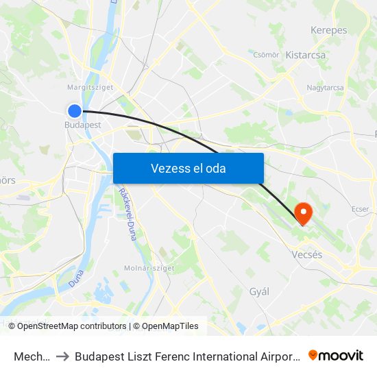 Mechwart Liget to Budapest Liszt Ferenc International Airport (BUD) (Budapest Liszt Ferenc nemzetközi repülőtér) map