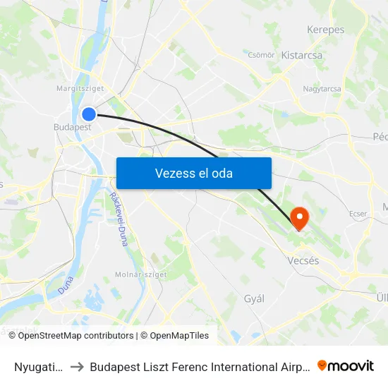 Nyugati Pályaudvar M to Budapest Liszt Ferenc International Airport (BUD) (Budapest Liszt Ferenc nemzetközi repülőtér) map