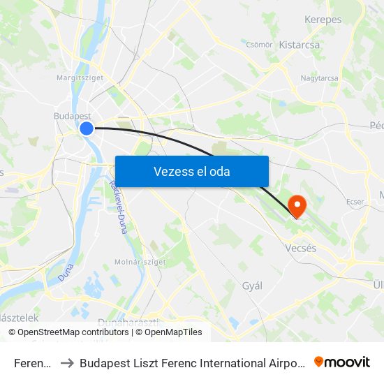 Ferenciek Tere M to Budapest Liszt Ferenc International Airport (BUD) (Budapest Liszt Ferenc nemzetközi repülőtér) map