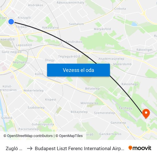 Zugló Vasútállomás to Budapest Liszt Ferenc International Airport (BUD) (Budapest Liszt Ferenc nemzetközi repülőtér) map