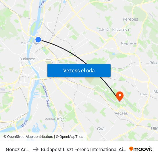 Göncz Árpád Városközpont to Budapest Liszt Ferenc International Airport (BUD) (Budapest Liszt Ferenc nemzetközi repülőtér) map