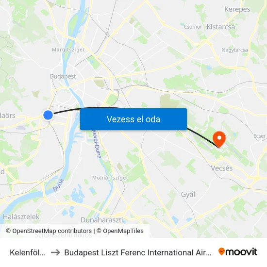 Kelenföld Vasútállomás to Budapest Liszt Ferenc International Airport (BUD) (Budapest Liszt Ferenc nemzetközi repülőtér) map