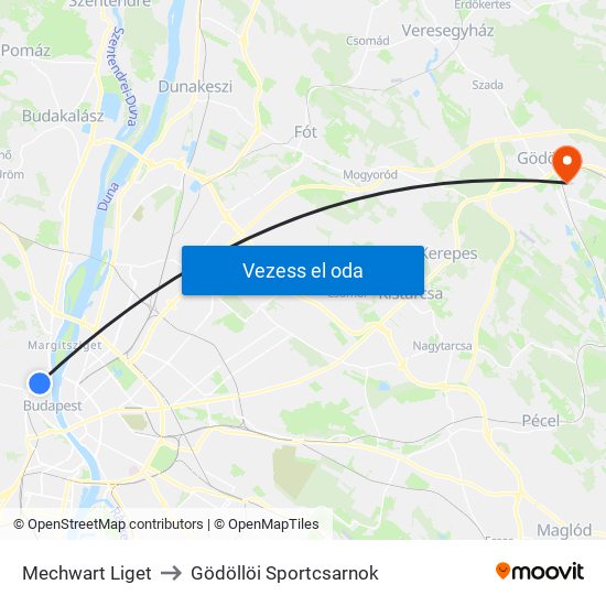 Mechwart Liget to Gödöllöi Sportcsarnok map