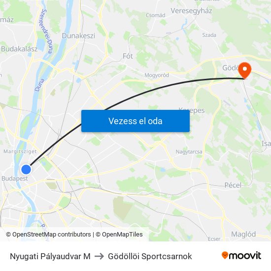 Nyugati Pályaudvar M to Gödöllöi Sportcsarnok map