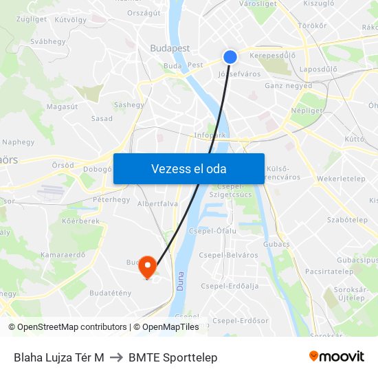 Blaha Lujza Tér M to BMTE Sporttelep map