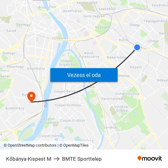 Kőbánya-Kispest M to BMTE Sporttelep map