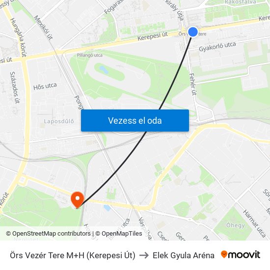 Örs Vezér Tere M+H (Kerepesi Út) to Elek Gyula Aréna map