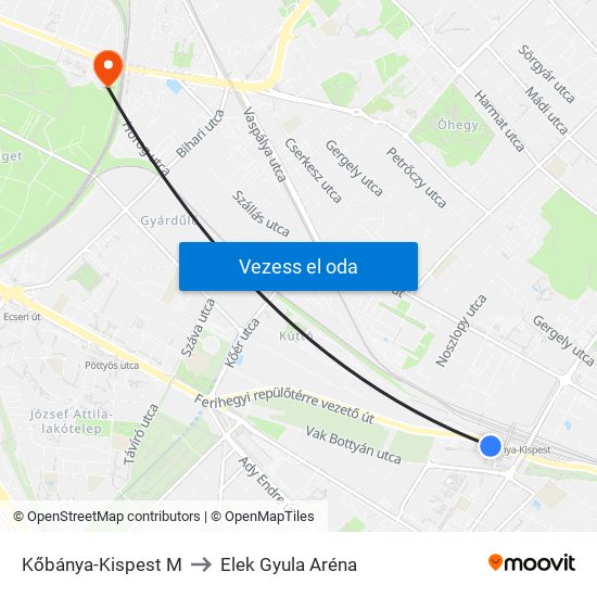 Kőbánya-Kispest M to Elek Gyula Aréna map