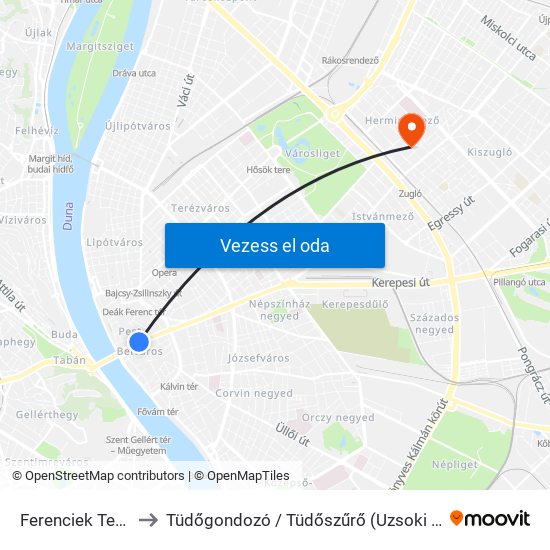 Ferenciek Tere M to Tüdőgondozó / Tüdőszűrő (Uzsoki kórház) map
