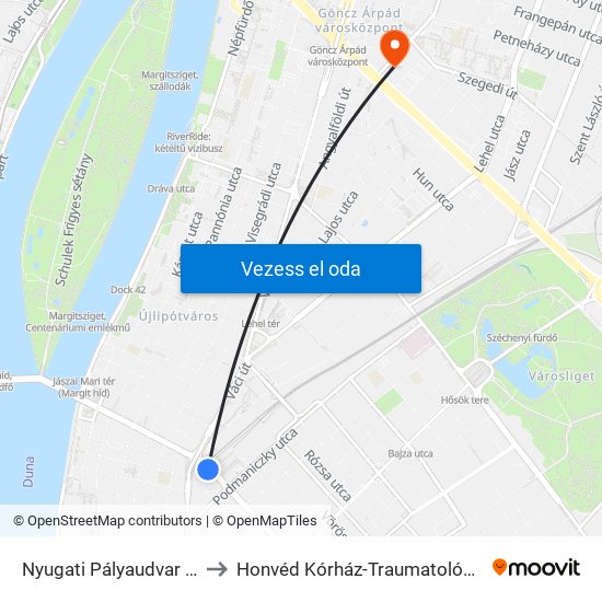 Nyugati Pályaudvar M to Honvéd Kórház-Traumatológia map