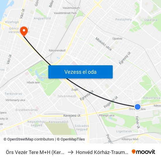 Örs Vezér Tere M+H (Kerepesi Út) to Honvéd Kórház-Traumatológia map