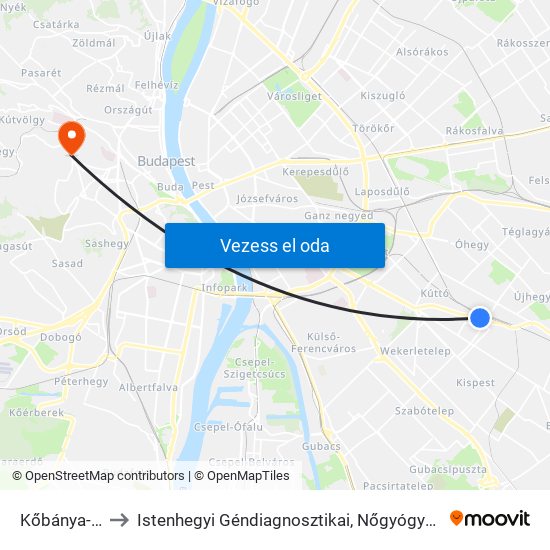 Kőbánya-Kispest M to Istenhegyi Géndiagnosztikai, Nőgyógyászati és Családtervezési Centrum map