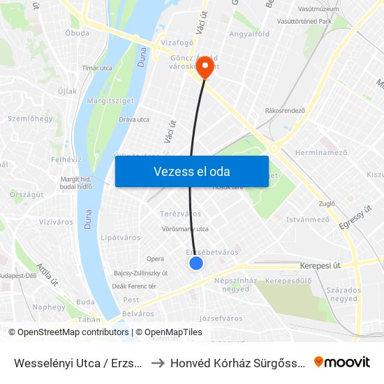 Wesselényi Utca / Erzsébet Körút to Honvéd Kórház Sürgősségi Osztály map