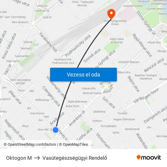 Oktogon M to Vasútegészségügyi Rendelő map