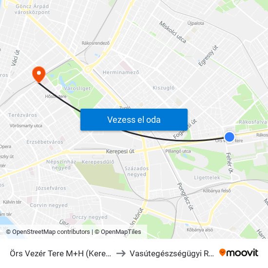 Örs Vezér Tere M+H (Kerepesi Út) to Vasútegészségügyi Rendelő map