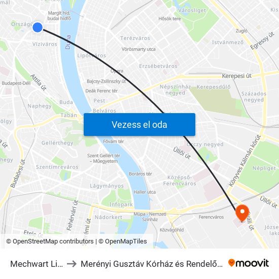 Mechwart Liget to Merényi Gusztáv Kórház és Rendelőintézet map