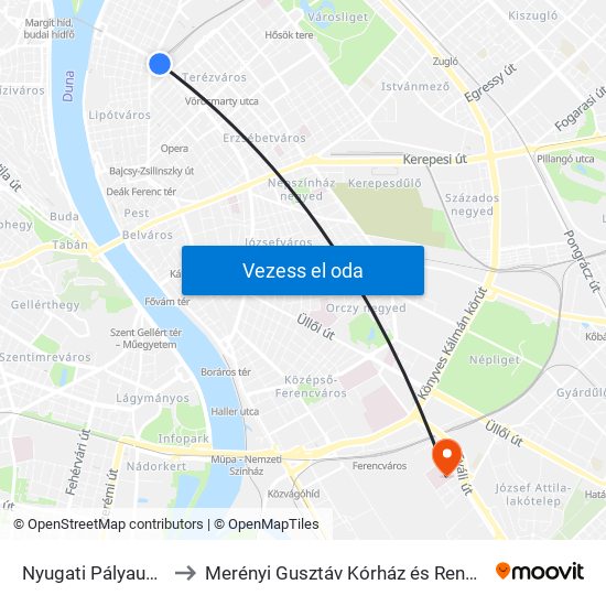 Nyugati Pályaudvar M to Merényi Gusztáv Kórház és Rendelőintézet map