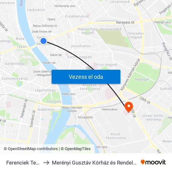 Ferenciek Tere M to Merényi Gusztáv Kórház és Rendelőintézet map