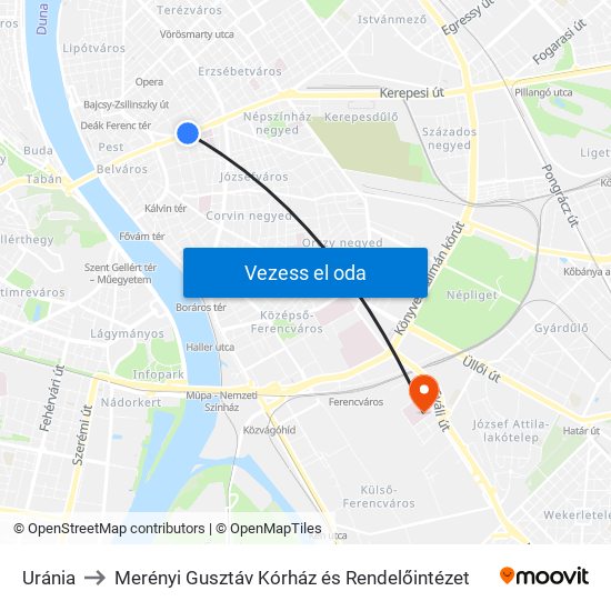 Uránia to Merényi Gusztáv Kórház és Rendelőintézet map