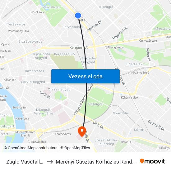 Zugló Vasútállomás to Merényi Gusztáv Kórház és Rendelőintézet map