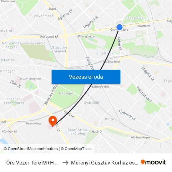 Örs Vezér Tere M+H (Kerepesi Út) to Merényi Gusztáv Kórház és Rendelőintézet map