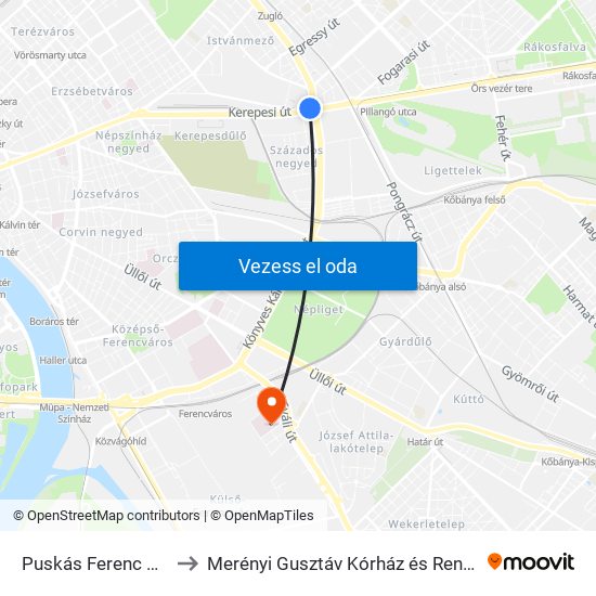 Puskás Ferenc Stadion to Merényi Gusztáv Kórház és Rendelőintézet map