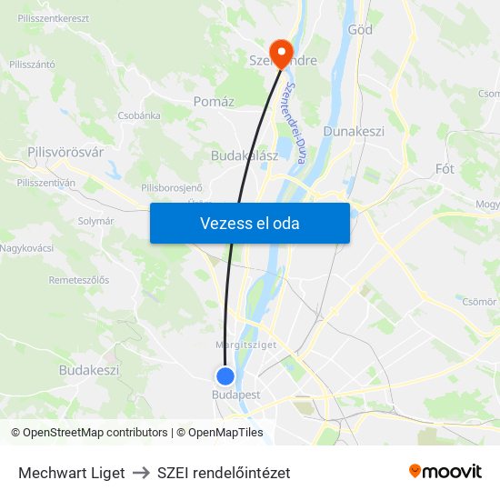 Mechwart Liget to SZEI rendelőintézet map