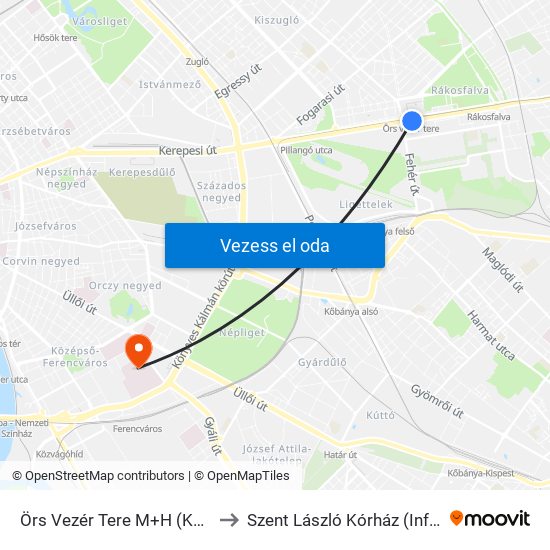 Örs Vezér Tere M+H (Kerepesi Út) to Szent László Kórház (Infektológia) map
