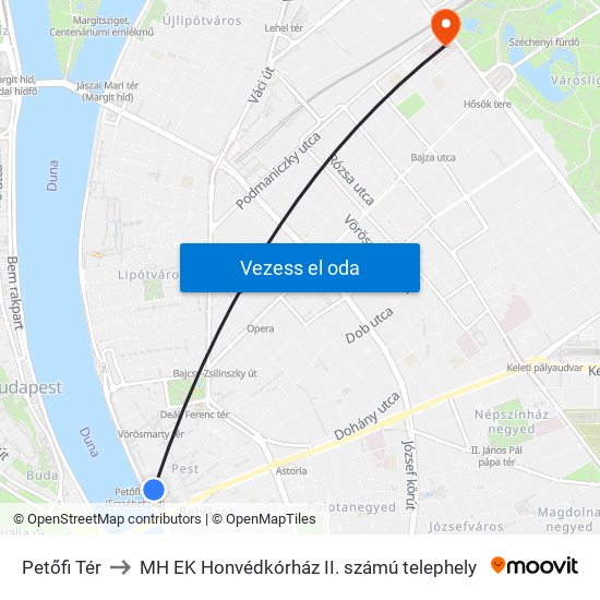 Petőfi Tér to MH EK Honvédkórház II. számú telephely map