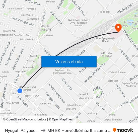 Nyugati Pályaudvar M to MH EK Honvédkórház II. számú telephely map