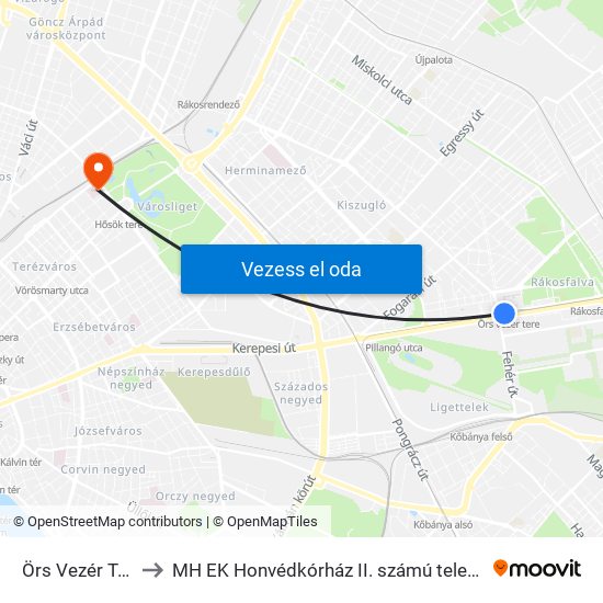 Örs Vezér Tere to MH EK Honvédkórház II. számú telephely map