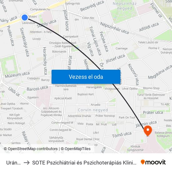 Uránia to SOTE Pszichiátriai és Pszichoterápiás Klinika map