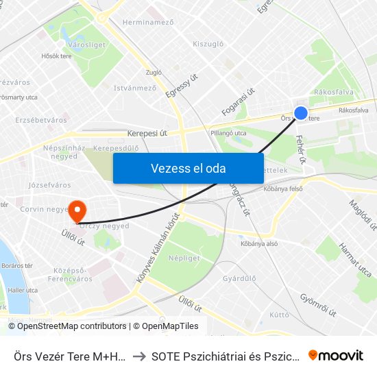 Örs Vezér Tere M+H (Kerepesi Út) to SOTE Pszichiátriai és Pszichoterápiás Klinika map