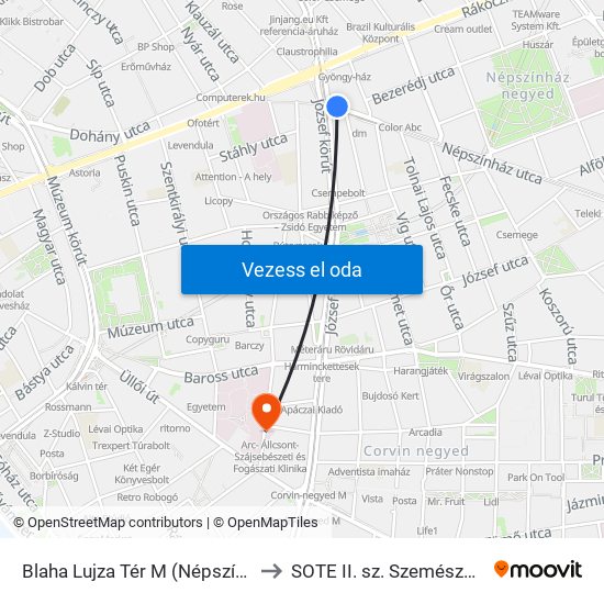 Blaha Lujza Tér M (Népszínház Utca) to SOTE II. sz. Szemészeti Klinika map