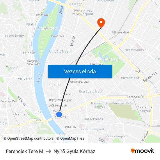 Ferenciek Tere M to Nyírő Gyula Kórház map