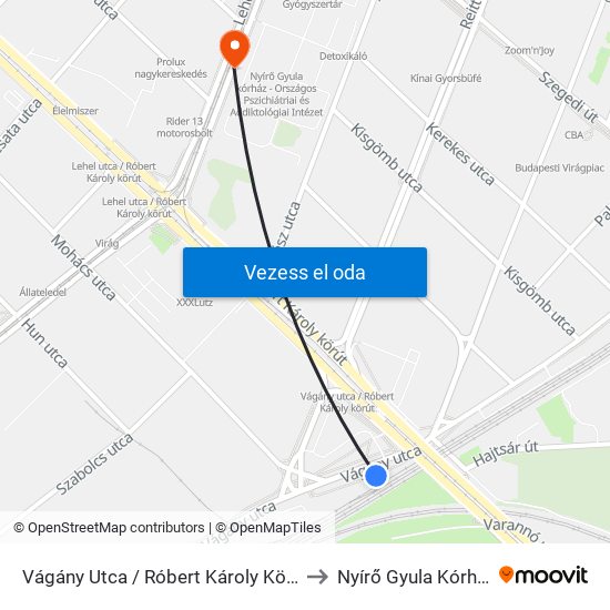 Vágány Utca / Róbert Károly Körút to Nyírő Gyula Kórház map