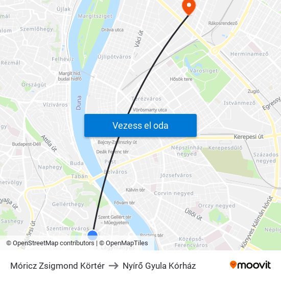 Móricz Zsigmond Körtér to Nyírő Gyula Kórház map