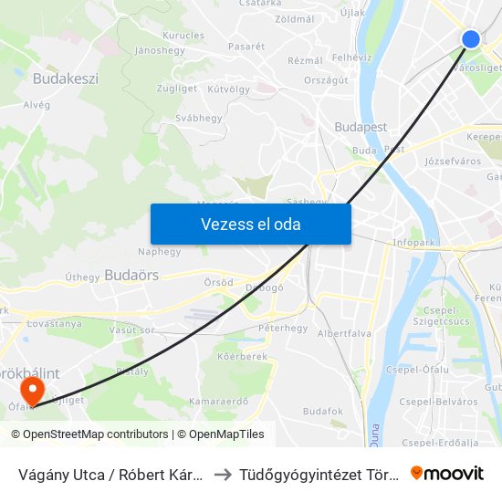 Vágány Utca / Róbert Károly Körút to Tüdőgyógyintézet Törökbálint map