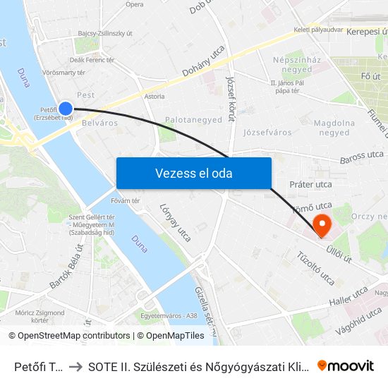 Petőfi Tér to SOTE II. Szülészeti és Nőgyógyászati Klinika map