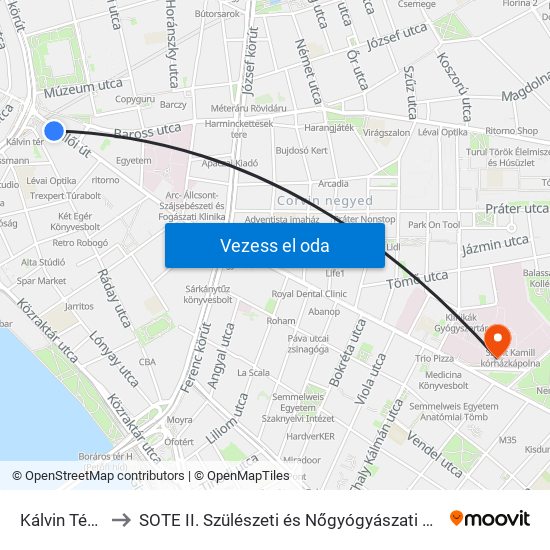 Kálvin Tér M to SOTE II. Szülészeti és Nőgyógyászati Klinika map