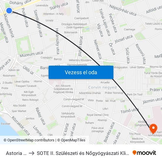 Astoria M to SOTE II. Szülészeti és Nőgyógyászati Klinika map