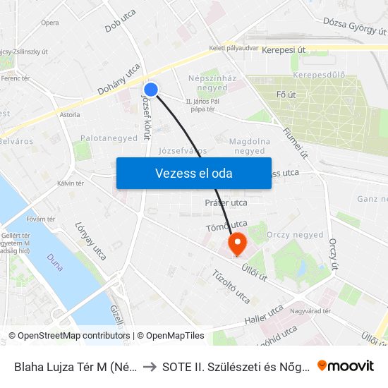 Blaha Lujza Tér M (Népszínház Utca) to SOTE II. Szülészeti és Nőgyógyászati Klinika map