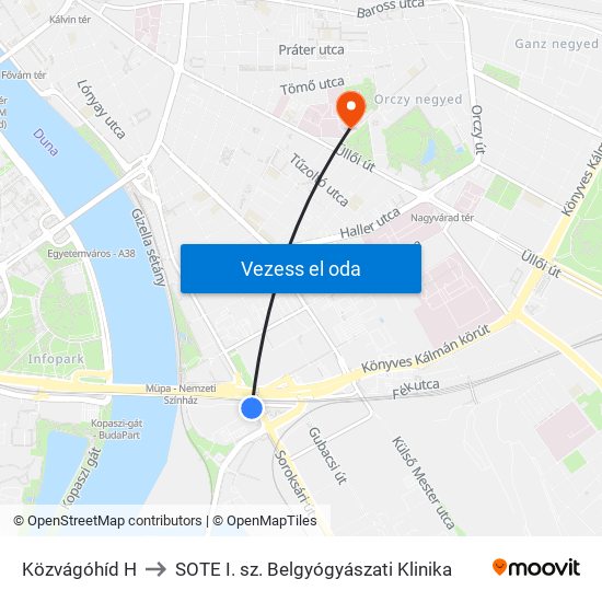 Közvágóhíd H to SOTE I. sz. Belgyógyászati Klinika map