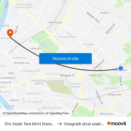 Örs Vezér Tere M+H (Kerepesi Út) to Visegrádi utcai szakrendelő map